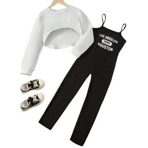 Girl Graphic Cami Jumpsuit & Crop Pullover in Black/White, Size 7Y